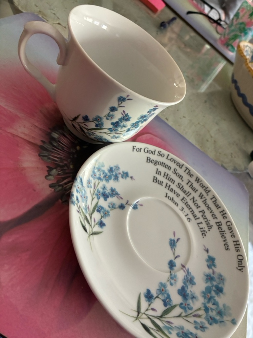 Kent Pottery White Teacup and Saucer with Blue Floral Accents
